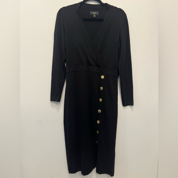 Maia Dresses & Skirts - Maia Black Wrap Midi Dress Gold Button Detail | Long Sleeve | Size M